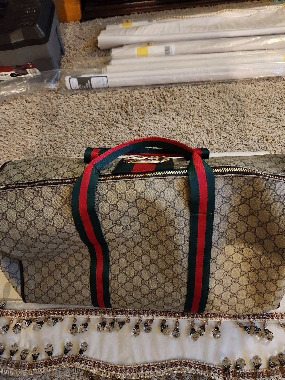 Gucci Beige GG Canvas Tote with Red and Green Web Stripe - Picture 3 of 6
